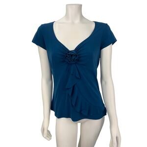 Le Chateau blue floral short sleeve top faux wrap ruffle XL